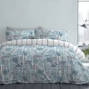 Image of Mona Contemporary Print Easy Care Reversible Duvet Cover Set, Blue, Single - Fusion