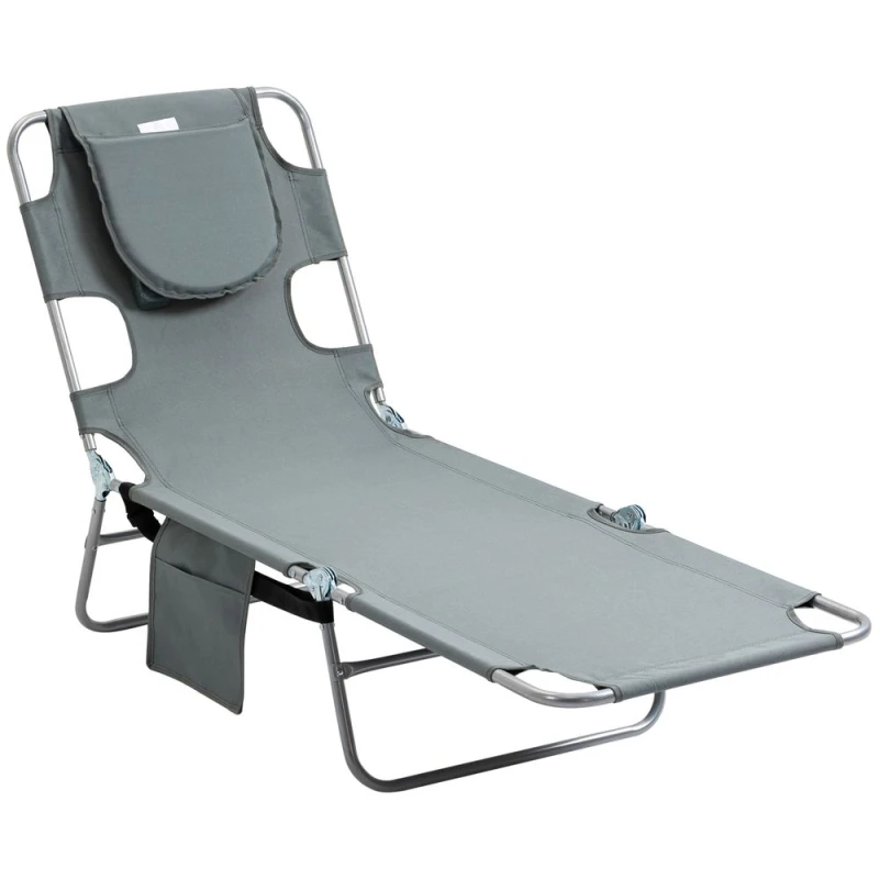 Image of Outsunny Beach Chaise Lounge w/ Face Cavity & Arm Slots, Portable Sun Lounger Grey - Outsunny 5056534558185