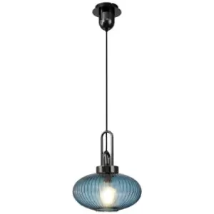 Image of Luminosa Acree E27 Ceiling Pendant With 30cm Oval Sphere Ribbed Glass, Black Chrome, Petrol Blue, Matt Black