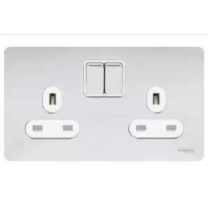 Image of Schneider Electric Ultimate Screwless Flat Plate - Switched Double Power Socket, Double Pole, 13A, GU3420DWPC, Polished Chrome with White Insert