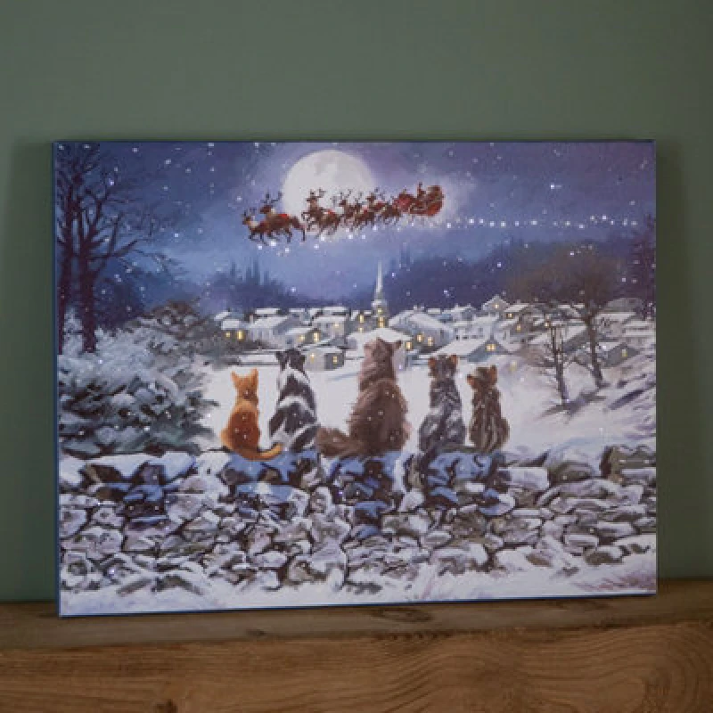 Image of SNOWTIME 40 x 30cm Snowtime Touch Operated Cats Christmas Fibre Optic Wall Canvas FB01240