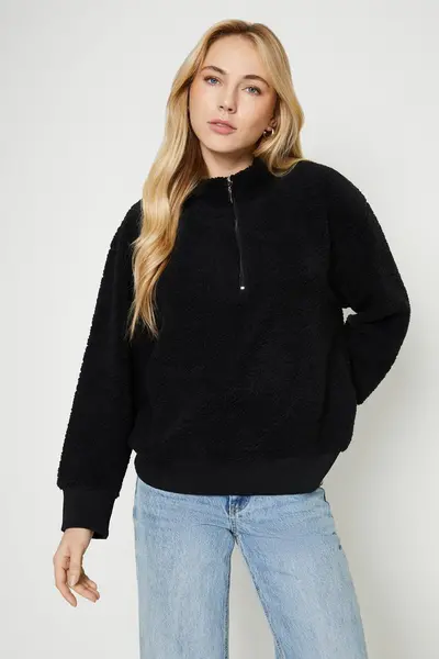 Image of Dorothy Perkins Half Zip Rib Collar Borg Sweatshirt Black