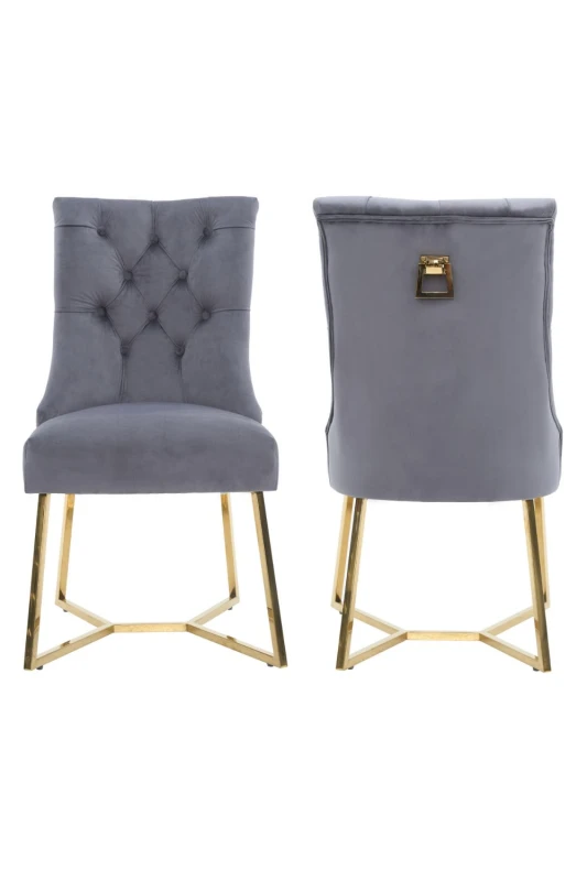 Image of Life Interiors Life Interiors Set of 2 Ambra Modern Velvet Dining Chairs with Gold Legs, Ring Handle & Tufted Back in Grey Grey One Size Unisex 505666