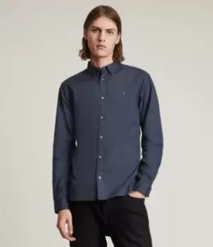 Image of AllSaints Mens Hawthorne Stretch Fit Shirt, Deep Space Blue, Size: L