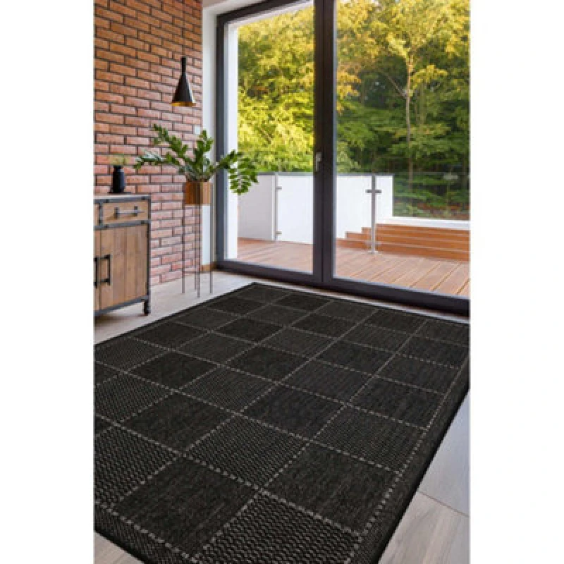 Image of Melrose County Flatweave Black Check Design Indoor Non-Slip Large Area Rug 160/225Cm