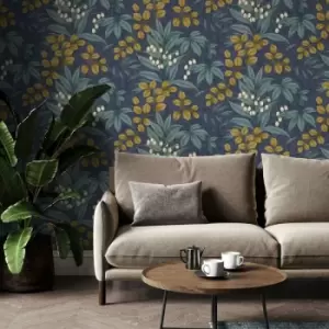 Image of Superfresco Easy - Persephone Navy/Ochre Floral Wallpaper - White