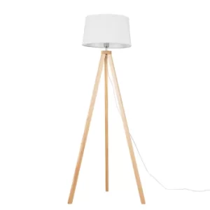 Image of Barbro Light Wood Tripod Floor Lamp with White Doretta Shade