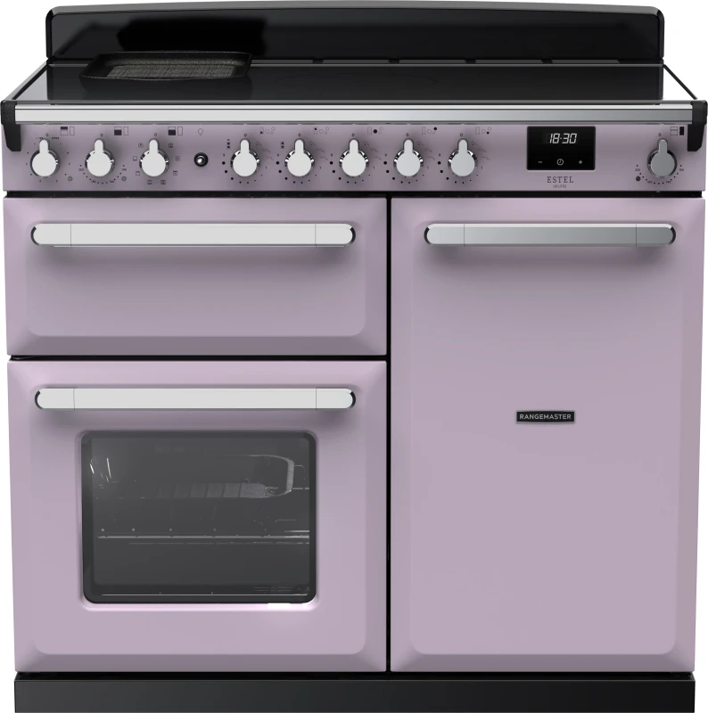 Image of Rangemaster Estel Deluxe ESDL100EIPHTH/CM1 100cm wide Electric Range Cooker with Induction Hob - Heather / Antique Brass - A/A Rated