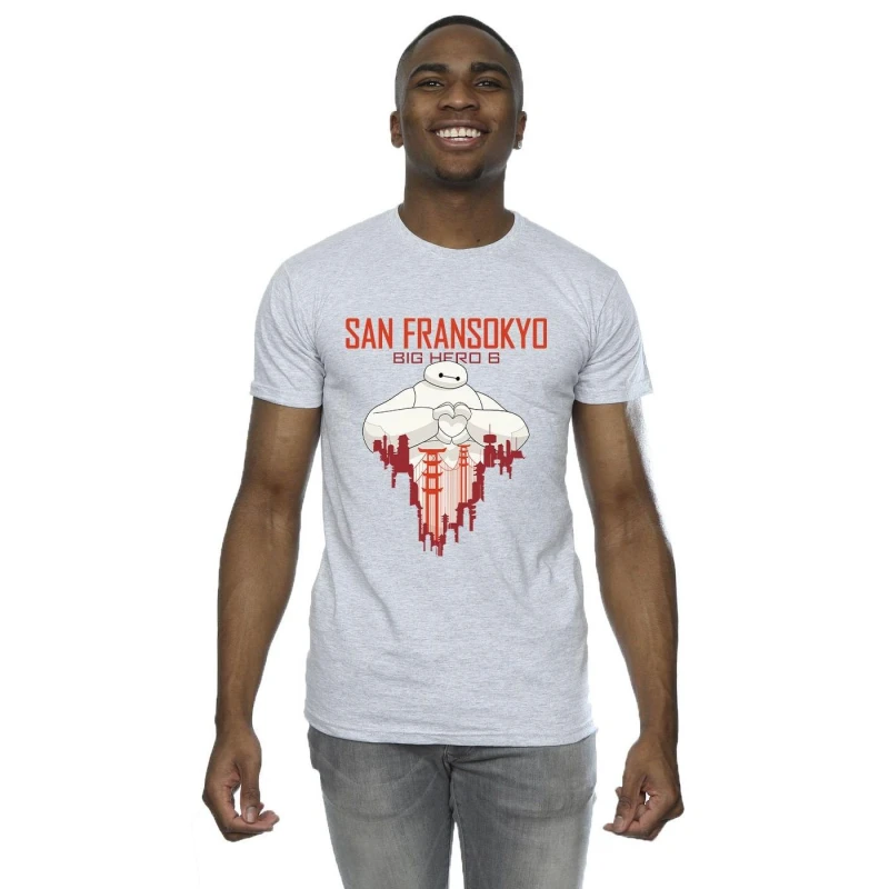 Image of Disney Men Big Hero 6 Baymax San Fransokyo Heart T-Shirt in Grey Size: Small Grey S Male 5059934882089