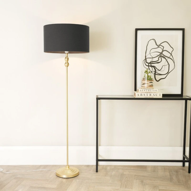 Image of ValueLights Maggie Gold Metal Candlestick Floor Lamp with Fabric Lamp Shade Charcoal