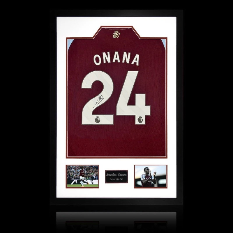 Image of The Fan Cave Amadou Onana Signed Aston Villa Shirt Premium Fram Claret unisex 850mm x 60
