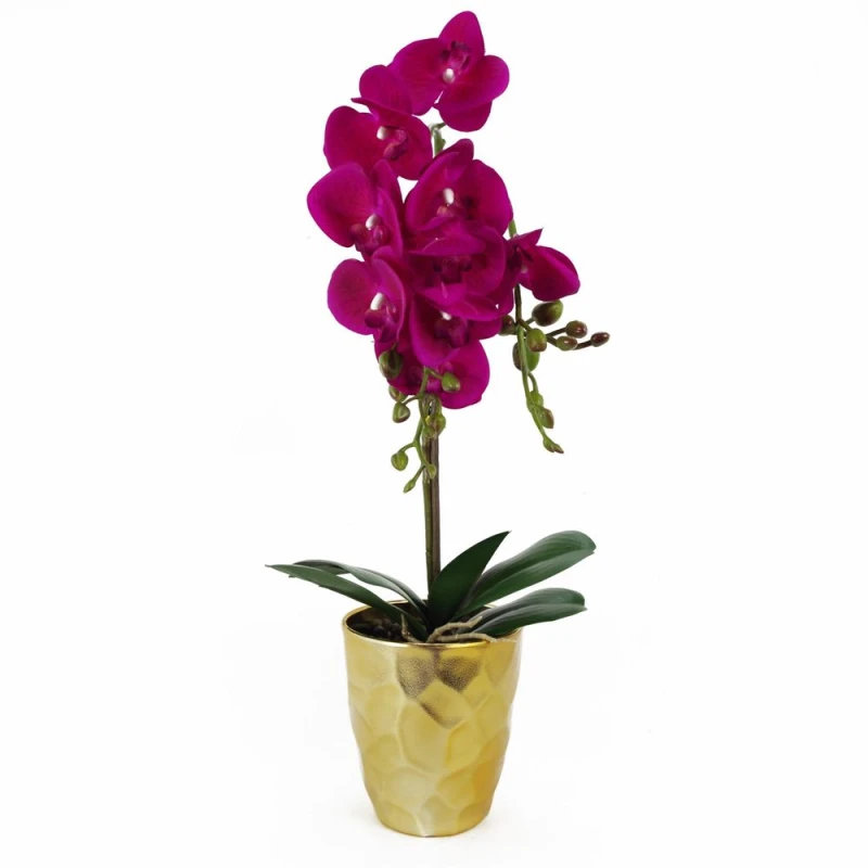 Image of Leaf 54cm Artificial Orchid Plant - Dark Pink Gold Pot Dark Pink unisex