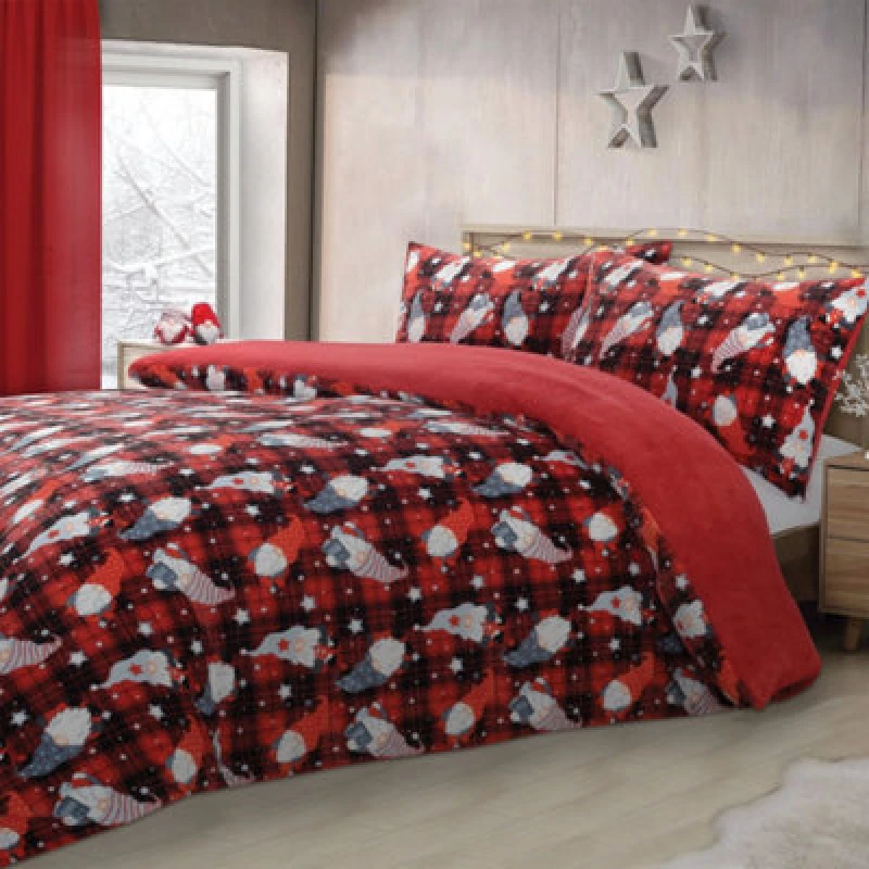 Image of Velosso Flannel Pattern Luxury Bedding Set With Button Enclosure, Duvet Cover & Pillowcase Set, Winter Gnome & Plaid Design - Multicolour