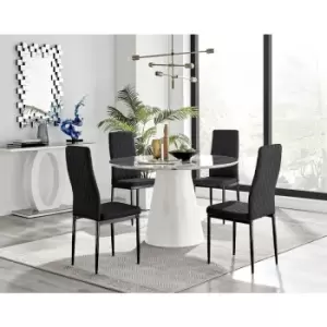 Image of Furniturebox Palma White Marble Effect 120cm Round Minimalist Dining Table & 4 Black Milan Black Leg Faux Leather Chairs