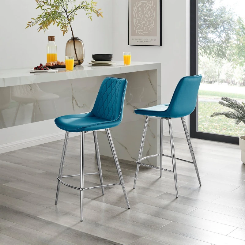Image of FurnitureboxUK FurnitureboxUK Pesaro Set of 2 Velvet Silver Legs Bar Chair in Blue Blue One Size Unisex 5056542696480