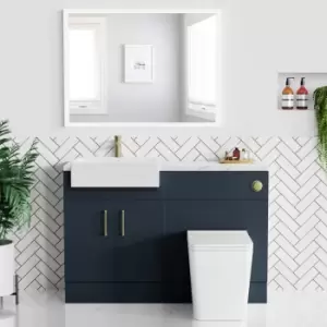 Image of 1200mm Blue Toilet and Sink Unit with Marble Effect Worktop and Brushed Brass Fittings - Coniston