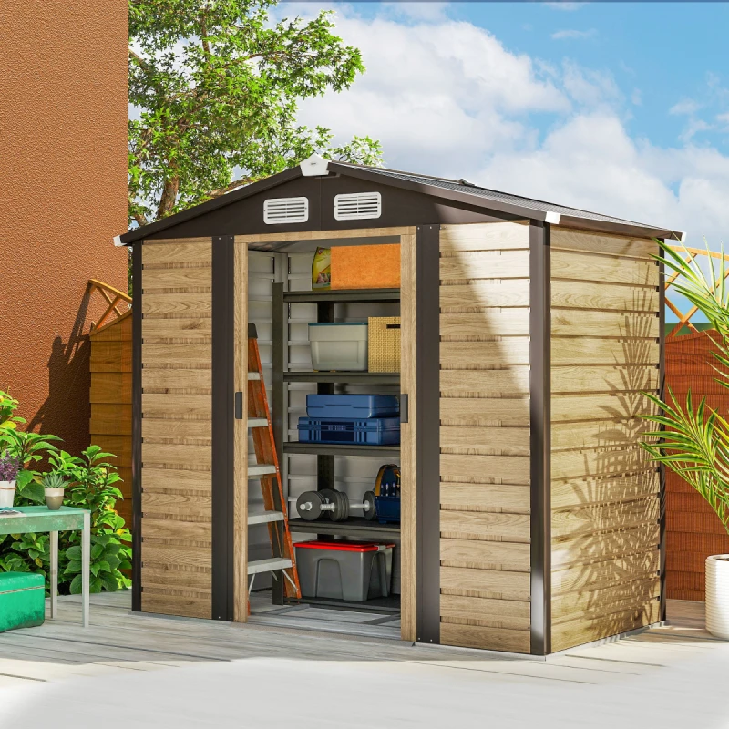 Image of Outsunny 7 x 4ft Upgraded Metal Shed with Lock, Easy to Assemble, Natural, Brown 84H-225V00AK
