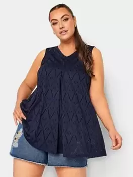 Image of Yours Broderie Pleat Vest, Blue, Size 18, Women
