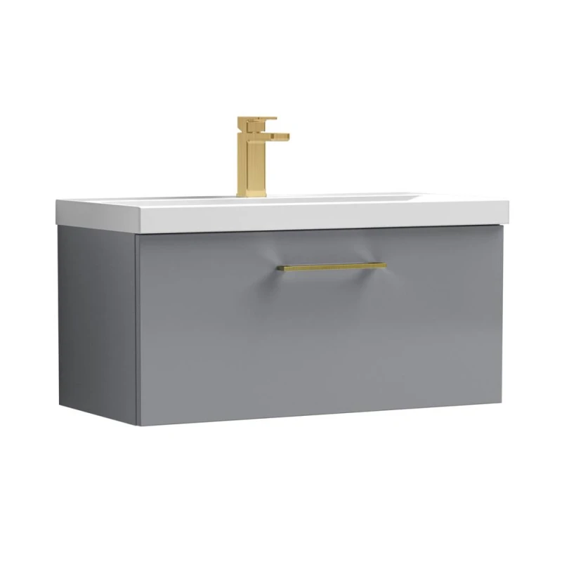 Image of Balterley 600mm Wall Hung 1 Drawer Vanity Basin Unit, Satin Grey, Brass Handle in Grey Grey Unisex