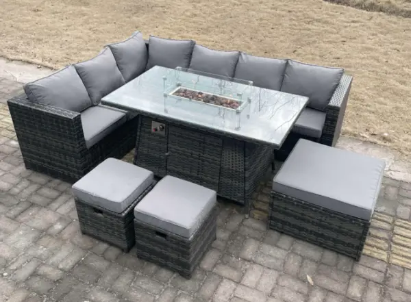 Image of Fimous 6 Seater Outdoor Dark Grey Rattan Lounge Complete Sofa Set with Gas Fire Pit, 2 Stools and Big Footstool