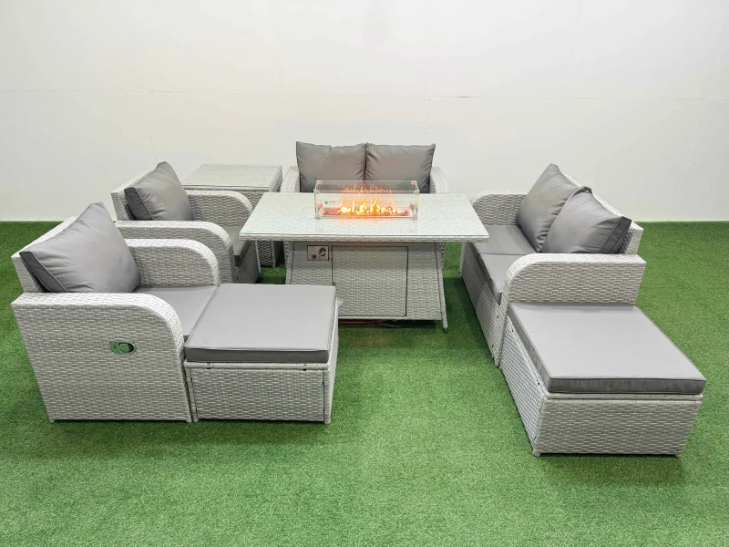Image of Fimous 8 Seater Outdoor Reclining Chair Love Sofa Set Rattan Garden Furniture Set with Firepit Dining Table 2 Big FootStools Side Table Light Grey Li