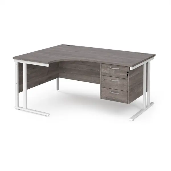 Image of Maestro 25 left hand ergonomic desk 1600mm wide with 3 drawer pedestal - white cantilever leg frame, grey oak top