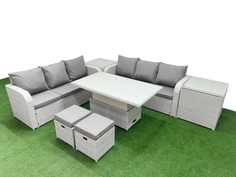Image of Fimous Outdoor Garden Furniture Sets 8 Seater Wicker Rattan Furniture Sofa Sets with Stools 2 Side Table Light Grey