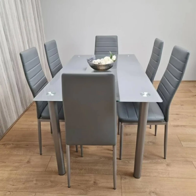 Image of KOSY KOALA Grey Glass Dining Table Set with 6 Chairs Dining Furniture Grey Unisex