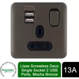 Image of Schneider Electric - Lisse Screwless Single Socket 13A 2 usb Ports Mocha Bronze