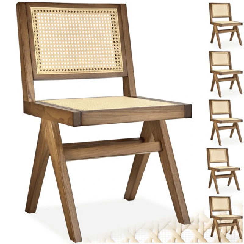 Image of Tectake Set Of 6 Accent Chair Lizzy With Mid-Century Modern Design, Rattan Backrest And Solid Wood Frame - Light Oak