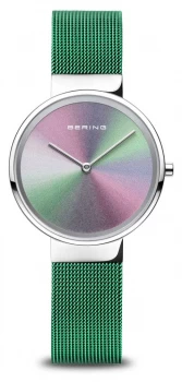 Image of Bering Anniversary Womens Polished Silver Green Mesh Watch