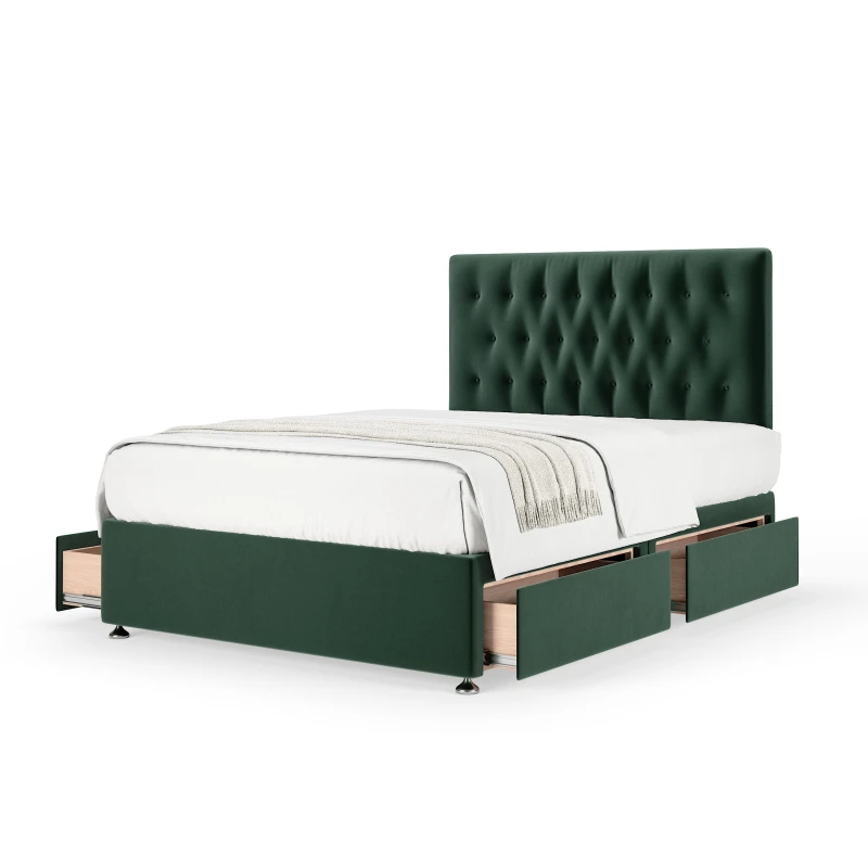 Image of Bedmaster Bedmaster Plush Velvet 4 Drawer Divan Base And Button Headboard in Emerald Size: Double Emerald Double Unisex 7867870937095