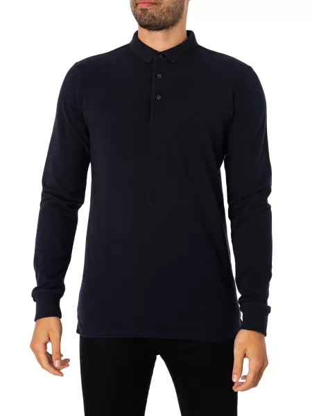 Image of Long Sleeved Cotton Pique Polo Shirt