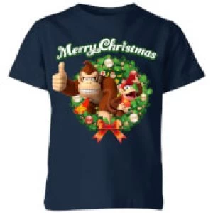Image of Nintendo Donkey Kong Wreath Thumbs Up Kid's Christmas T-Shirt - Navy - 3-4 Years - Navy