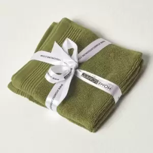 Image of HOMESCAPES Moss Green 100% Combed Egyptian Cotton Set of 2 Face Cloths 700 GSM - Dark Green