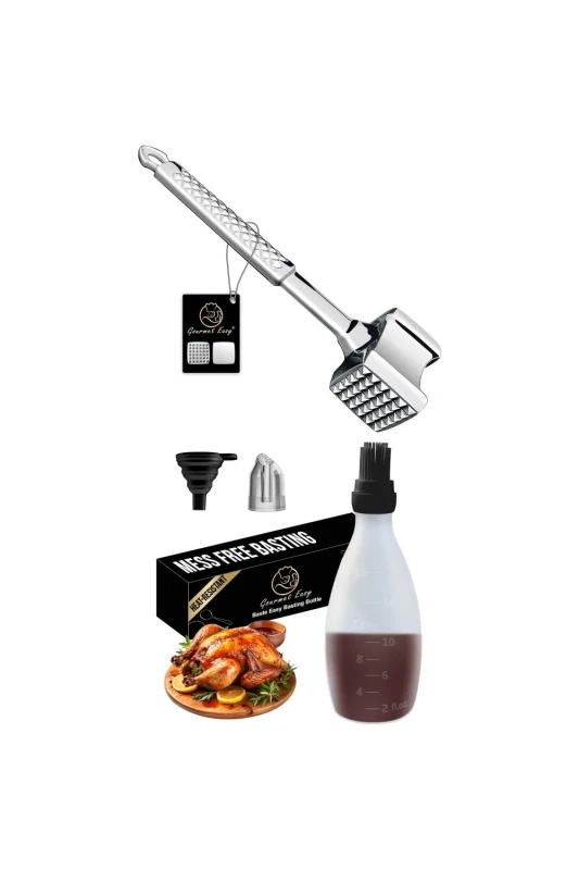 Image of Gourmet Easy Stainless Steel Kitchen Hammer & Silicone Baste Easy Bottle Set in Silver Silver Unisex
