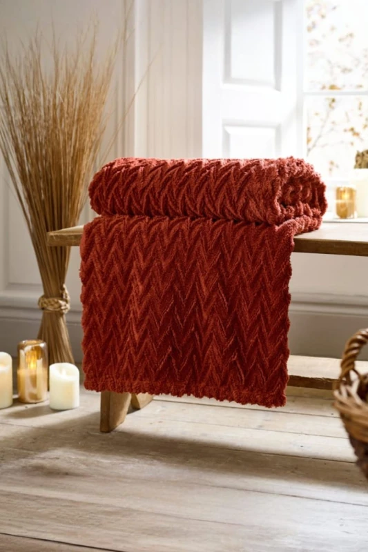 Image of Deyongs Deyongs Tadcaster Luxury Soft Chevron Throw - 140x180cm Warm & Soft Blanket in Terracotta Size: 140cm x 180cm Terracotta 140cm x 180cm Unise