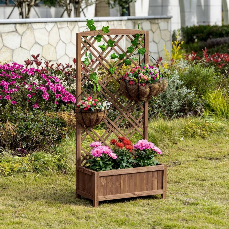 Image of OUTSUNNY Wooden Planter with Trellis, Raised Bed for Garden, Brown Brown Unisex