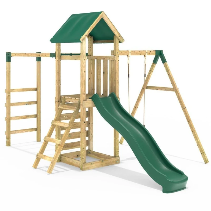Image of Rebo Wooden Climbing Frame with Single Swing, Monkey Bars and Slide - Arvon Green Green