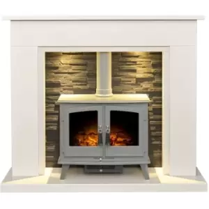 Image of Miramar White Marble Stove Fireplace with Downlights & Woodhouse Electric Stove in Grey, 54" - Adam