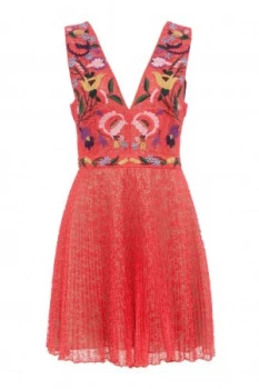 Image of French Connection Alice Lace Embroidered V Neck Dress Red