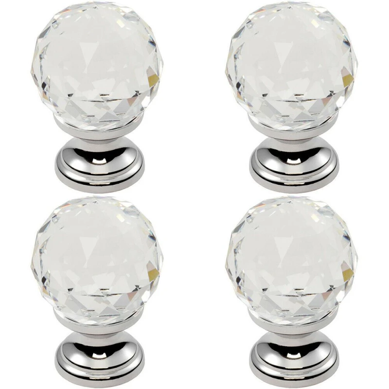 Image of Loops 4x Faceted Crystal Cupboard Door Knob 31mm Dia Polished Chrome Cabinet Handle Multi unisex