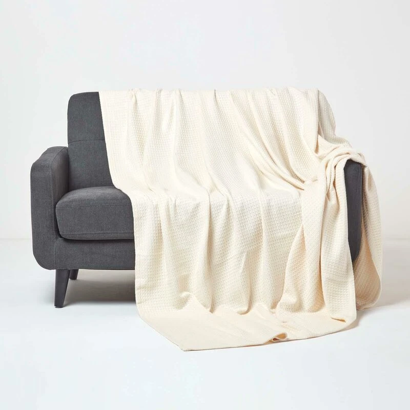 Image of Homescapes Organic Cotton Waffle Blanket/ Throw Natural, 178 X 228 Cm
