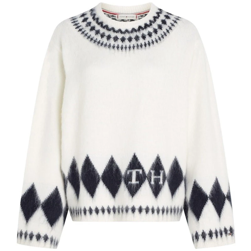 Image of Tommy Hilfiger Womens Fairisle Oversized Crew Neck Jumper Ecru female 8 (XS)