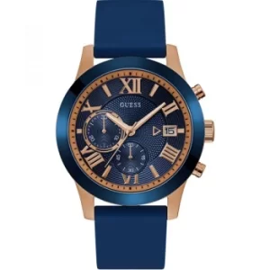 Image of GUESS Gents rose gold watch with blue trim, dial and strap.