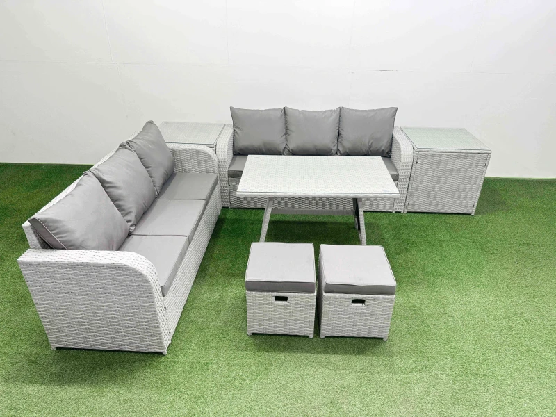 Image of Fimous Rattan High Back Lounge Sofa Set with 3 Seater Sofa 2 Side Table Stool in Light Grey Light Grey Unisex