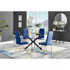 Image of Furniture Box Novara Black Leg 120Cm Round Glass Dining Table and 4 Navy Velvet Milan Gold Leg Chairs