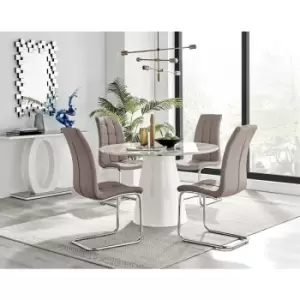 Image of Furniturebox Palma White Marble Effect 120cm Round Minimalist Dining Table & 4 Cappuccino Murano Silver Leg Faux Leather Chairs