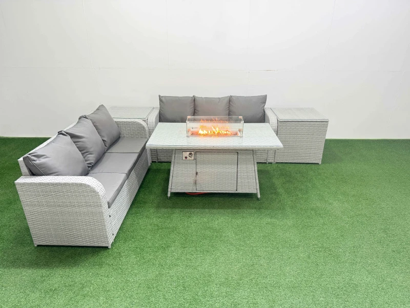 Image of Fimous Outdoor Garden Furniture Sets 6 Seater Wicker Rattan Furniture Sofa Sets with Firepit Dining Table high Back Lounge Sofa 2 Side Table Light Gre