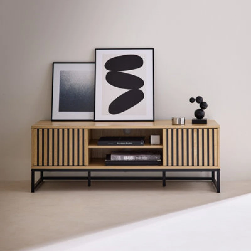 Image of sweeek 120cm TV Unit In Grooved Wood And Black Metal Effect Light Brown